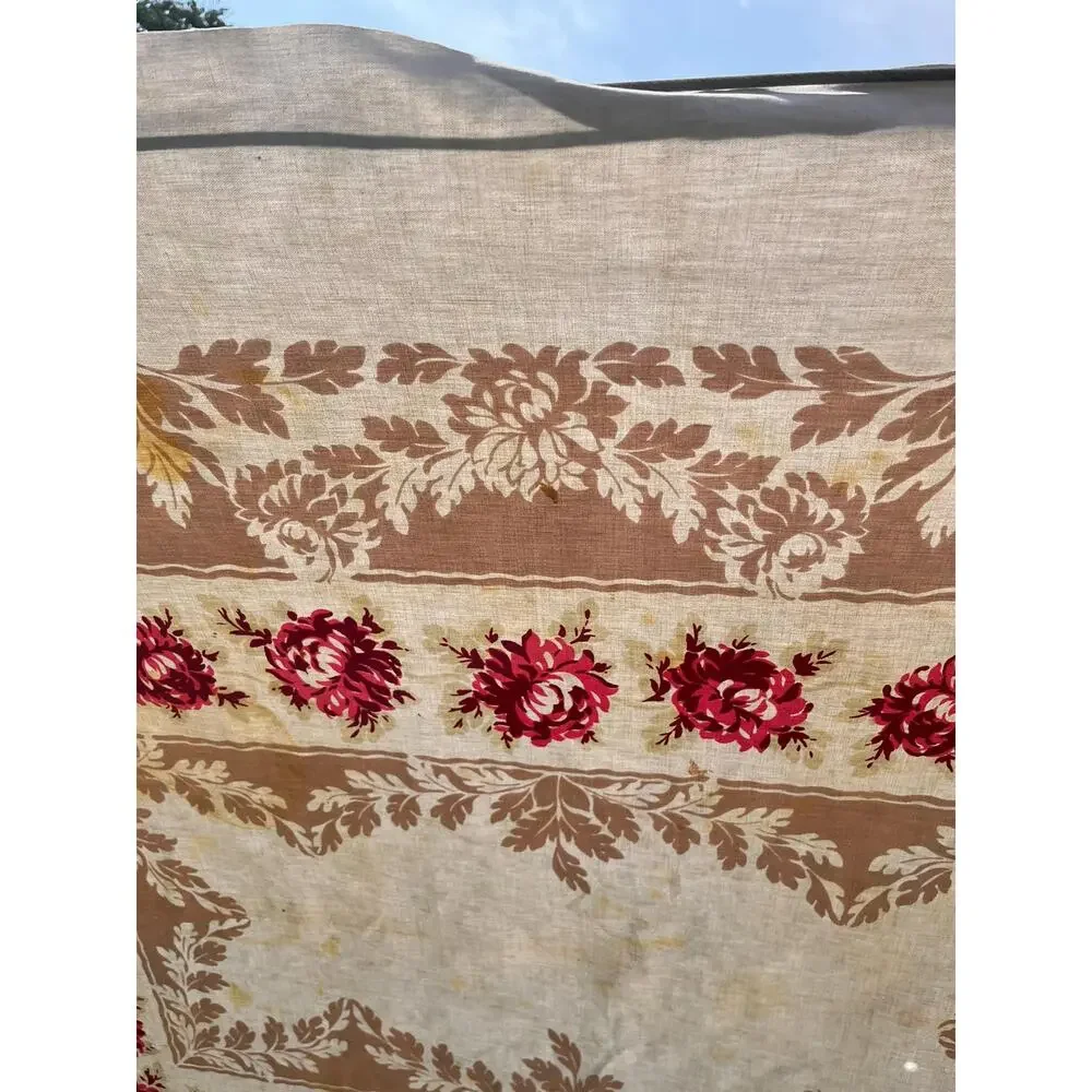 Vintage Tablecloth with Red and Pink Roses and Leaves